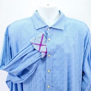 Thomas Dean 3XB Blue‎ 100% Pima Cotton Dress Shirt Zig-Zag Houndstooth Flip Cuff